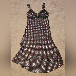 Beyer California Polka Dot Black Satin Knee Length Spaghetti Strap Dress